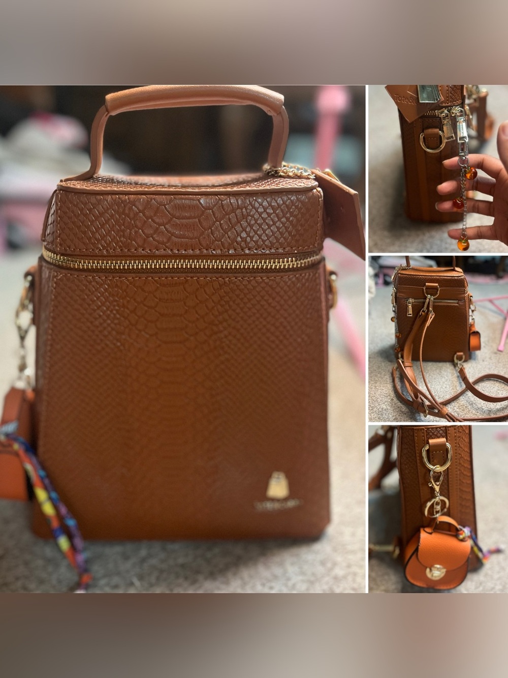 Brown Textured Tote and Carry Top-Handle Crossbody/book Bag